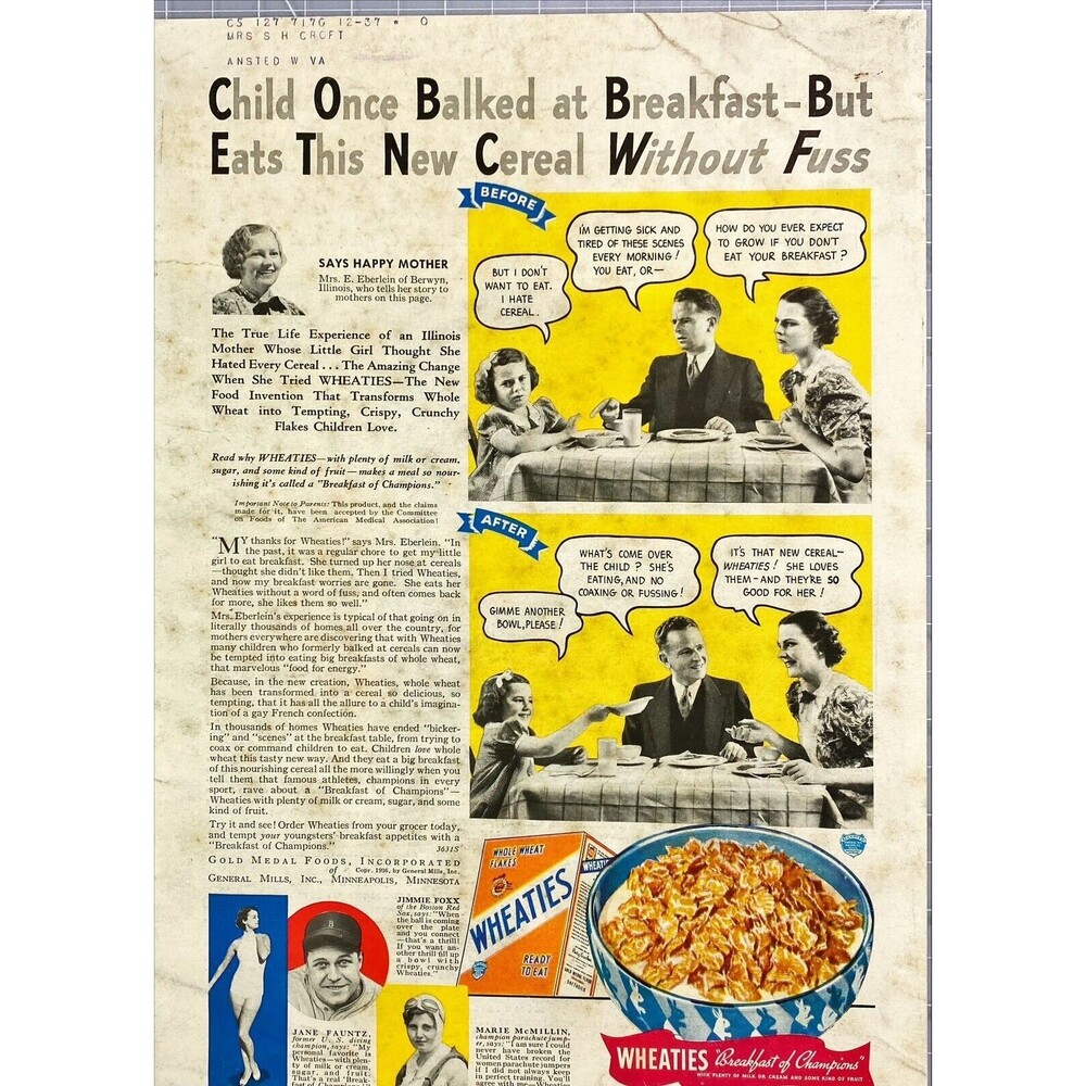 Wheaties "Breakfast of Champions"  Child Eats this New Cereal VTG Print Ad 1936